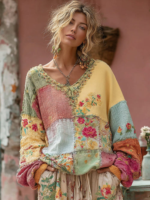 Flower Embroidery Macaroon Color Patchwork Art V-Neck Casual Sweatshirt