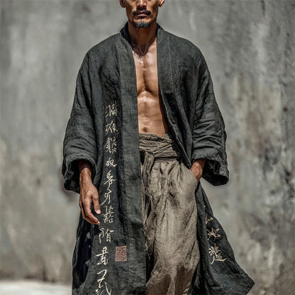 Men's Japanese Calligraphy Art Long Linen Kimono