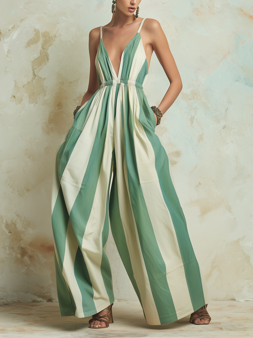 Green and Cream Stripe Deep V-Neck Wide-Leg Jumpsuit
