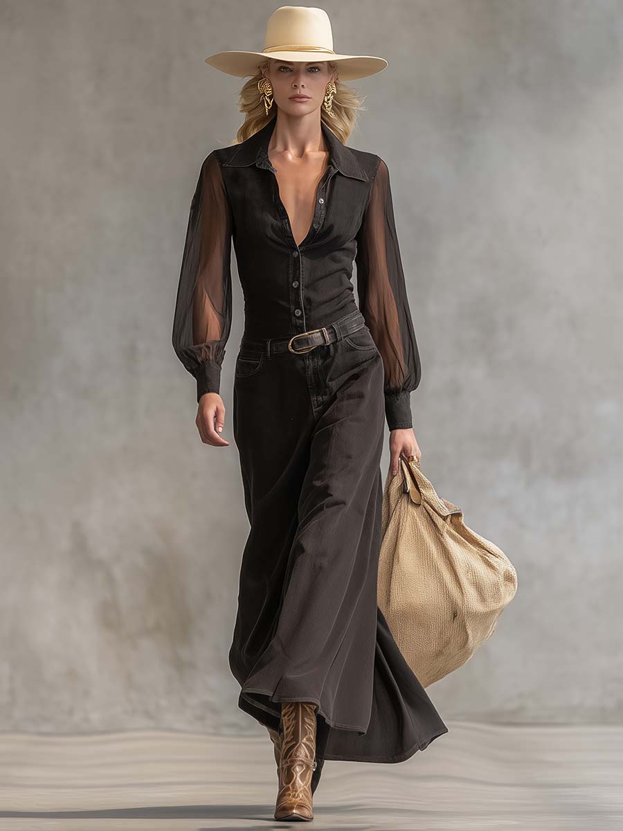Vintage Western Front Button V-Neck Transparent Long-Sleeve Black Denim Maxi Dress