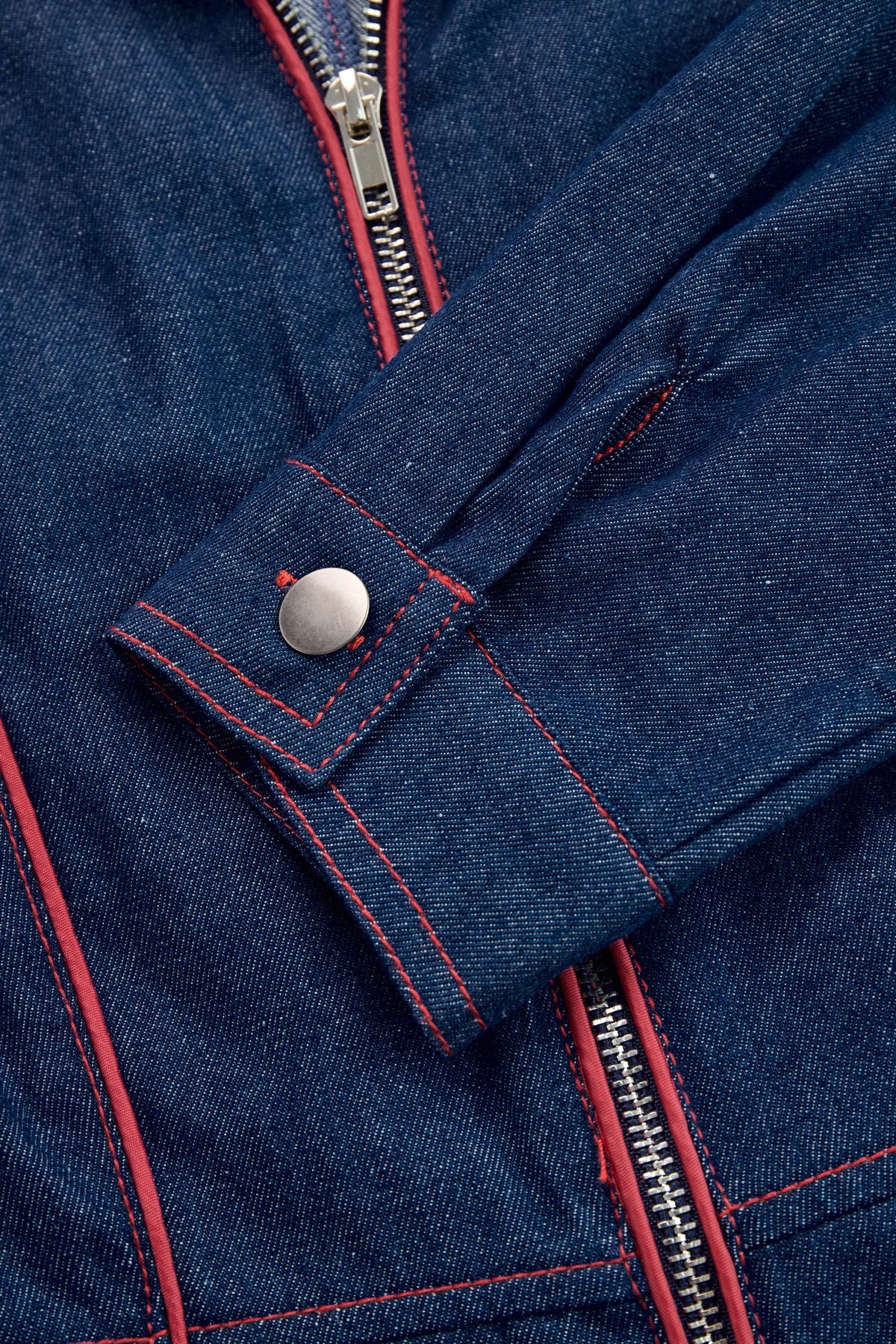 Casual Loose Retro Red Topstitched Denim Wide-Leg Long-Sleeve Jumpsuit