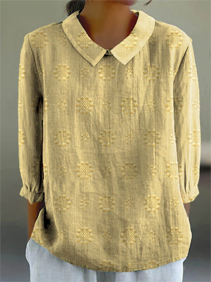 Vintage Floral Art Print Casual Cotton and Linen 3/4-Sleeve Shirt
