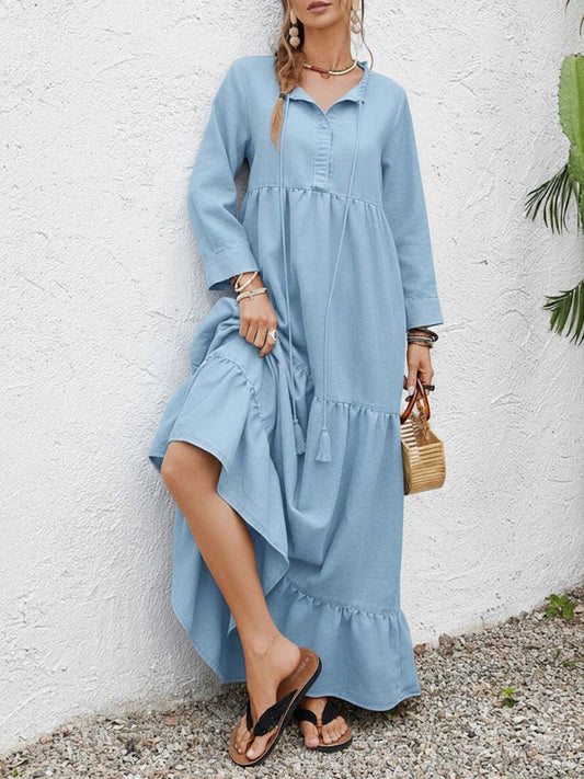 Solid Color Round Neck Long-Sleeve Casual Loose Cotton Linen Dress
