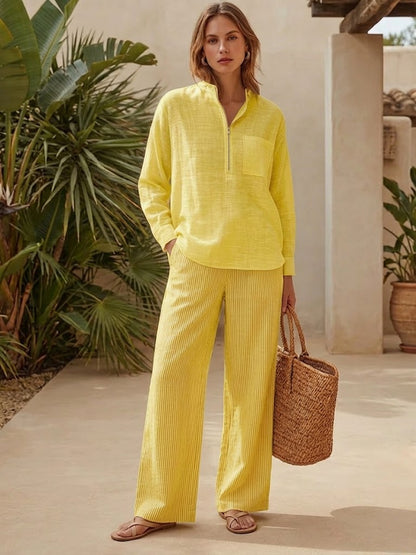 Casual "old Money" Style Two-Piece Set: Half-Zip Linen-Cotton Top and Striped Trousers