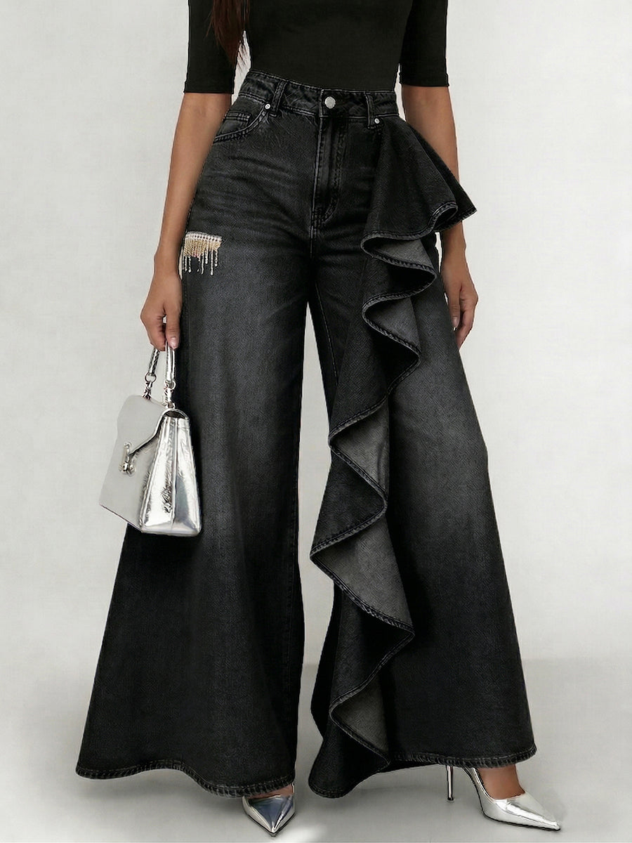 Stylish Cozy Asymmetrical Ruffles Wide-Leg Denim Jeans