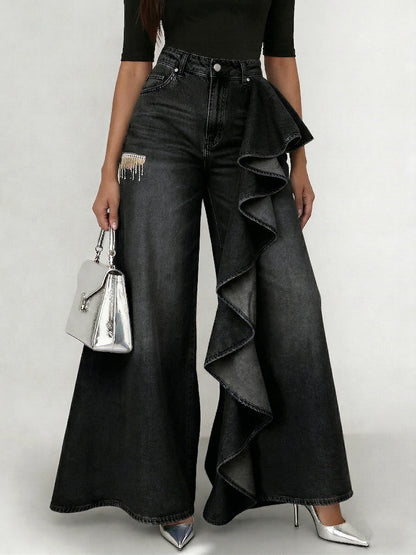 Stylish Cozy Asymmetrical Ruffles Wide-Leg Denim Jeans
