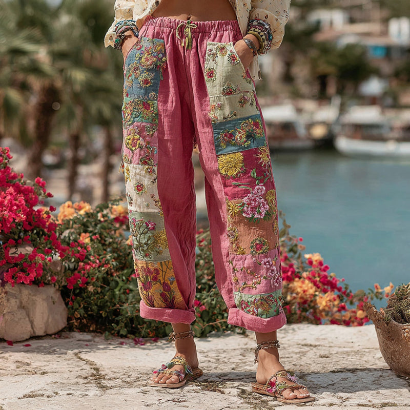 Bohemian Floral Embroidery Art Contrast Color Linen Blend Casual Pants