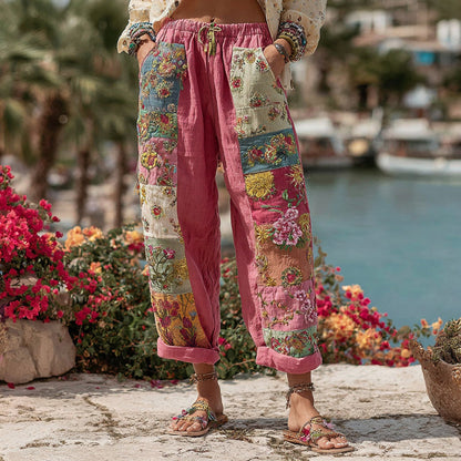 Bohemian Floral Embroidery Art Contrast Color Linen Blend Casual Pants