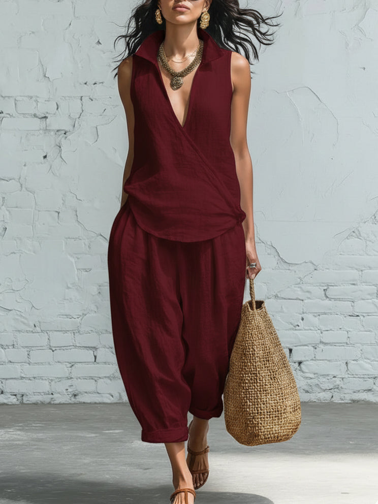 Minimalist Collared Shirt and Wide-Leg Pant Linen Two-Piece Set