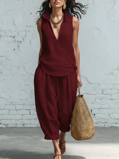 Minimalist Collared Shirt and Wide-Leg Pant Linen Two-Piece Set