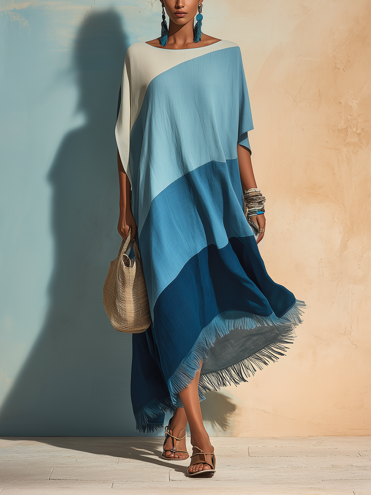 Colorblock Fringe Caftan Maxi Dress