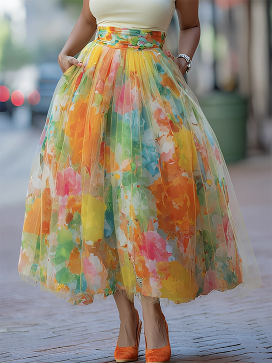 Artistic Watercolor Print Mesh-Paneled Skirt