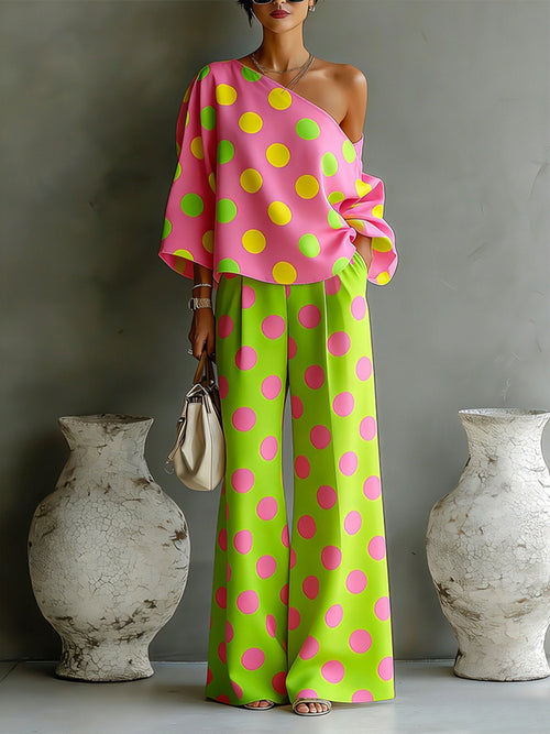 Colorful Polka-Dot Off-Shoulder Flowy Two-Piece Set