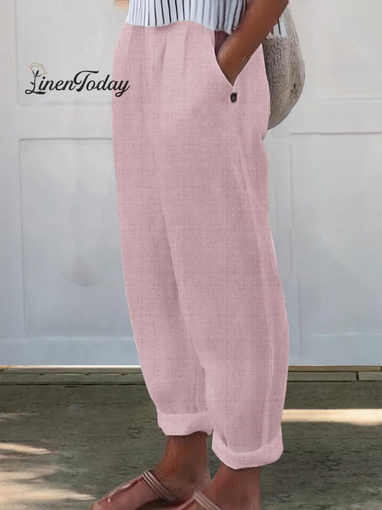 Printed Cotton and Linen Casual Pants