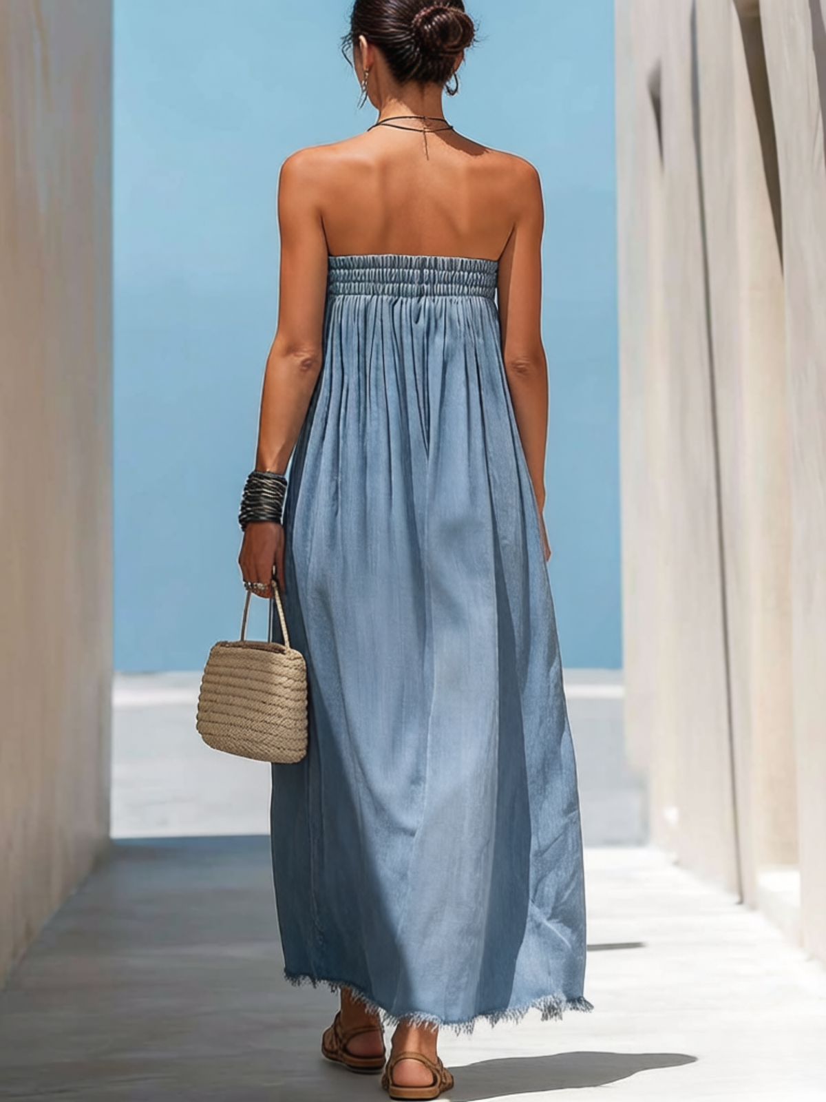 Light Blue Denim Strapless Maxi Dress with Frayed Hem