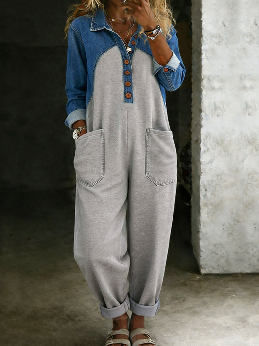 Color-Blocking Combination One Piece Shirt Denim Jumpsuit