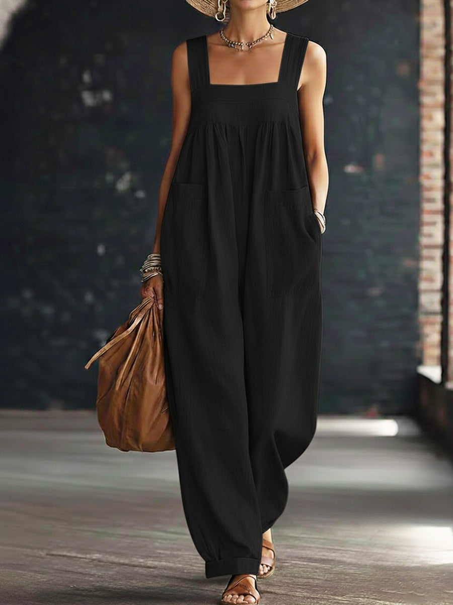 Casual Linen and Cotton Sleeveless Jumpsuit