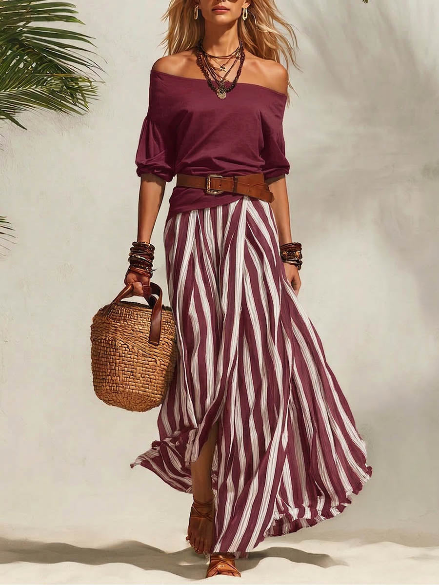 Off-Shoulder 3/4-Sleeve Casual Top and High-Waisted Skirt Cotton Set