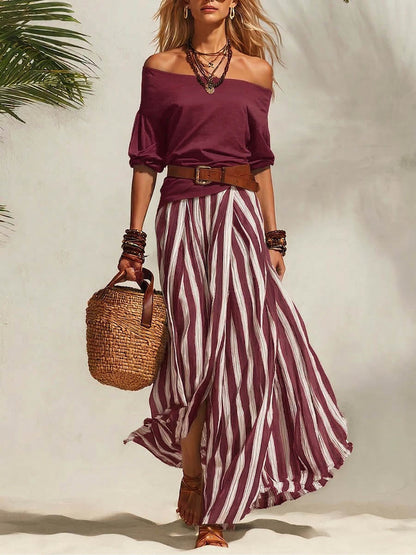 Off-Shoulder 3/4-Sleeve Casual Top and High-Waisted Skirt Cotton Set