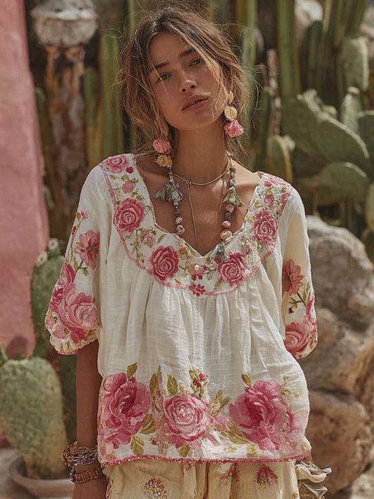 Vintage Floral Art Embroidery Linen T-Shirt