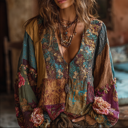 Bohemian Style Embroidered Flower Long-Sleeved V-Neck Bright Yellow Distressed Long-Sleeved Top