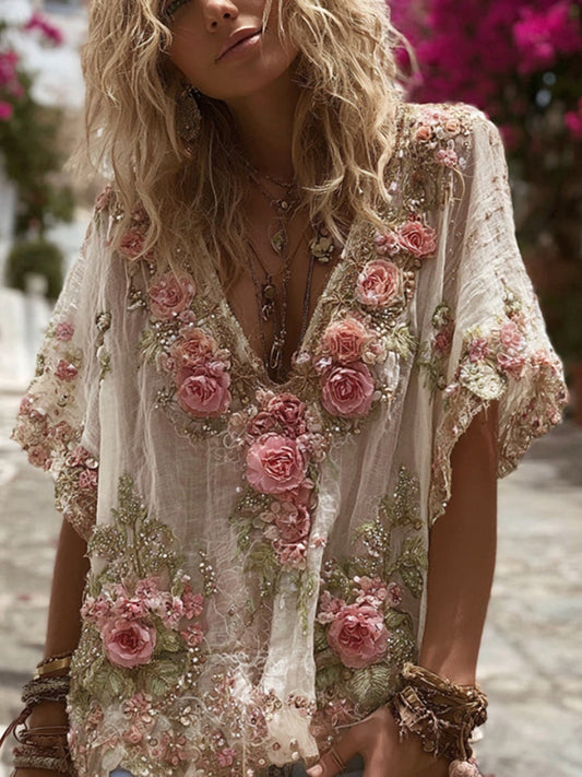 Vintage Pink Rose Embroidery Linen Short-Sleeve T-Shirt