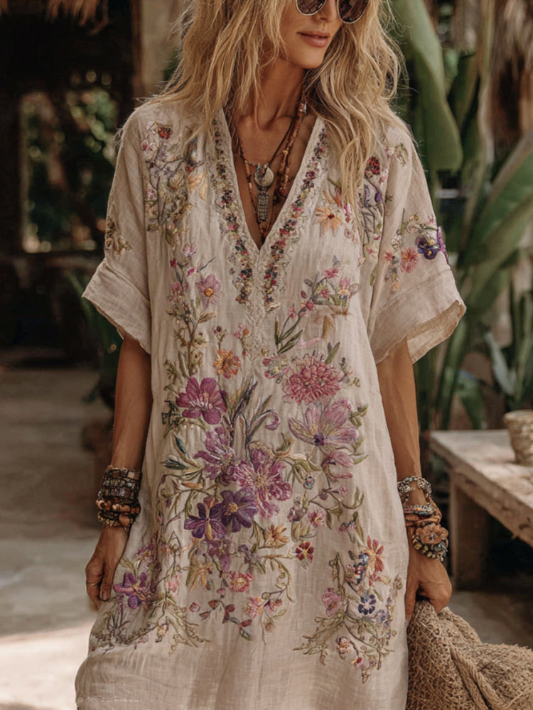 Floral Embroidery Art V-Neck Comfy Midi Dress