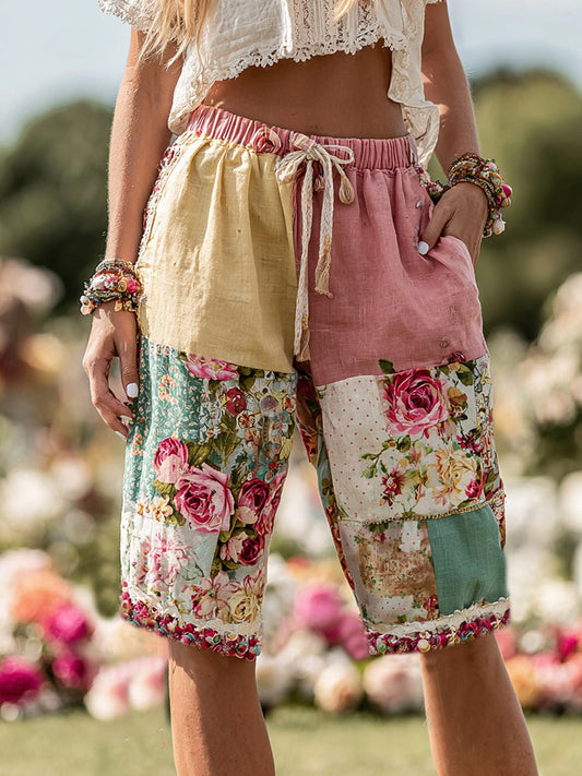 Bohemian Patchwork Rose Contrast Belt Pocket Shorts