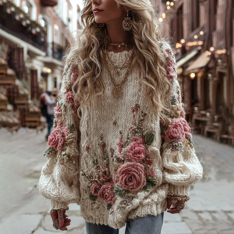 Vintage Rose Floral Chunky Knit Warm Crew Neck Sweater
