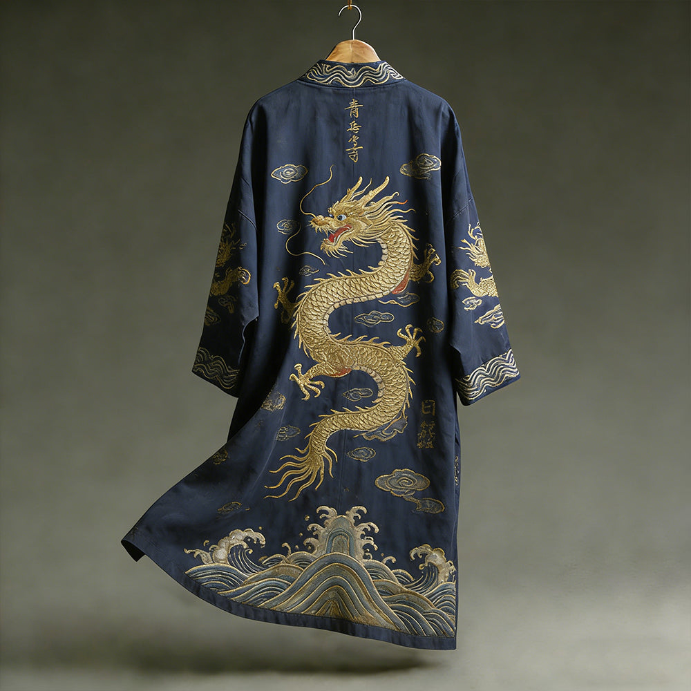 Antique Dragon Totem Embroidery in Dark Blue Kimono