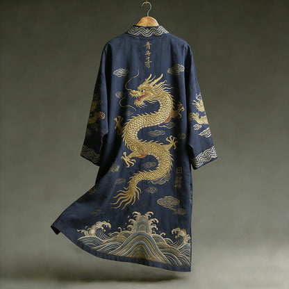 Antique Dragon Totem Embroidery in Dark Blue Kimono