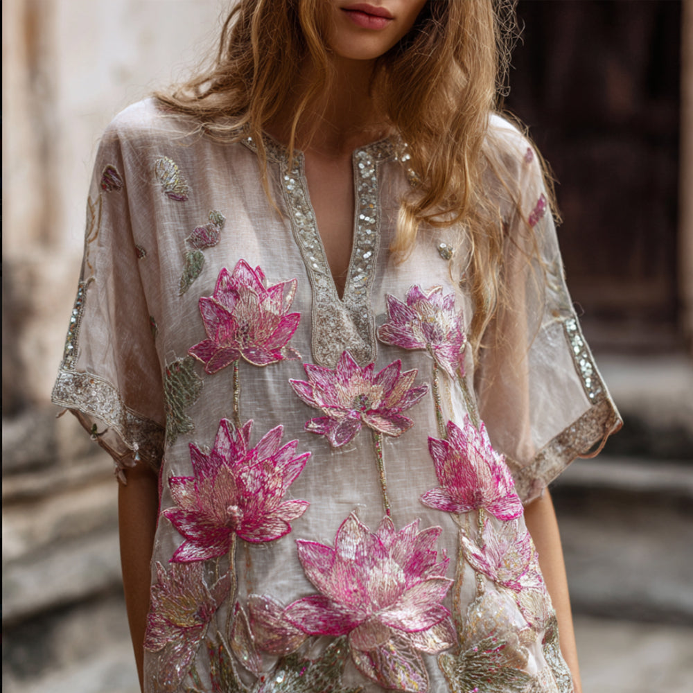 Bohemian Style Pink Three-Dimensional Embroidery Gradient Multi-Layer Lotus Flower Sequin Embellishment Light and Thin Vintage Short-Sleeve V-Neck Top