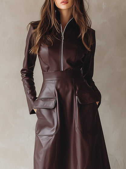 Retro Eco-Friendly Leather Half-Open Zipper Flap Pocket Midi Dress