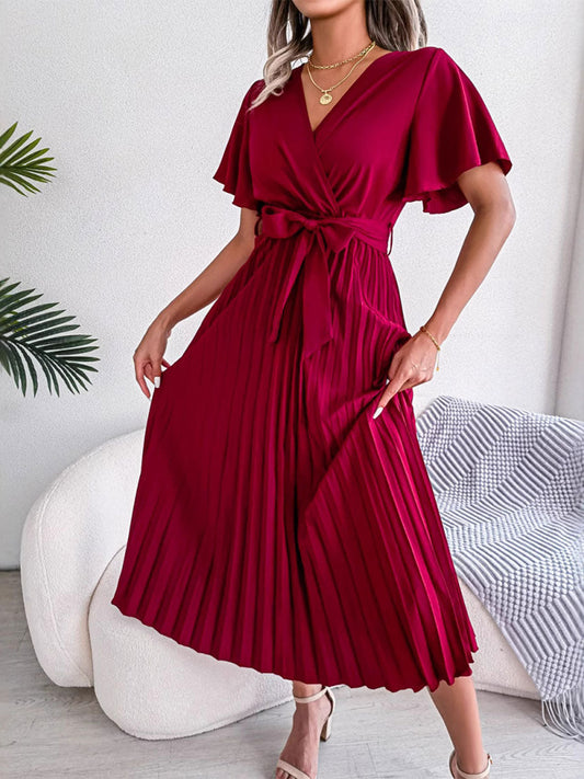 Casual Cross V-Neck Ruffled Pleated Dress