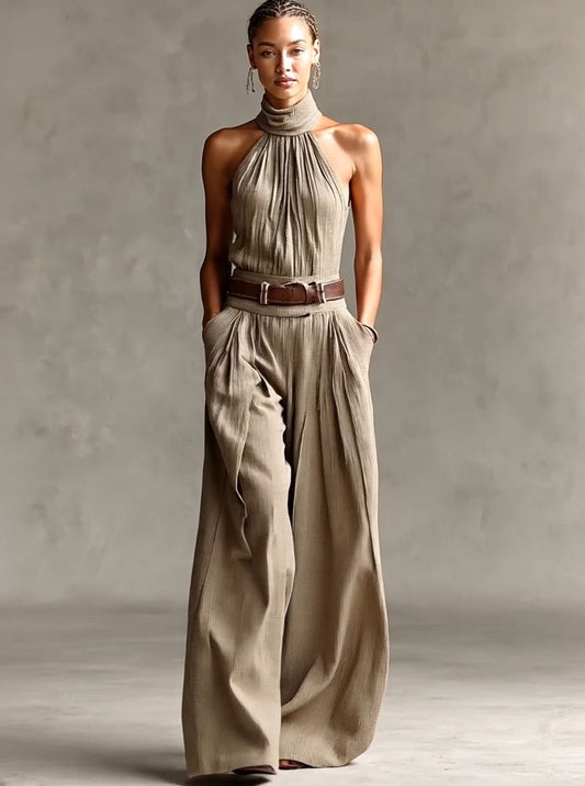 Stylish Waist-Cinching Sleeveless Linen-Cotton Jumpsuit