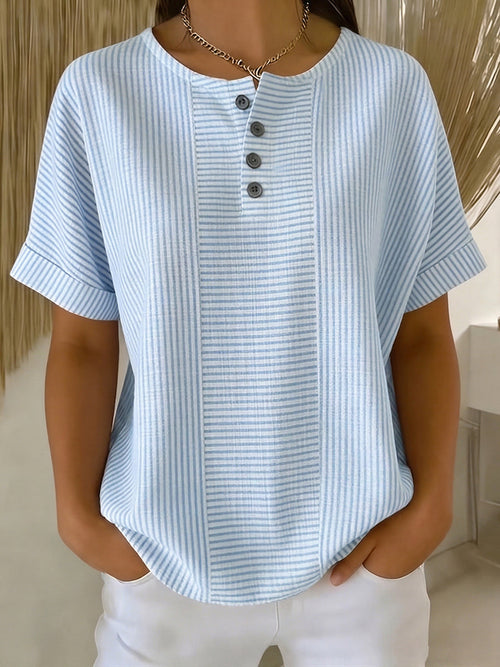 Artistic Cut Striped Cotton-Linen Shirt Blouse