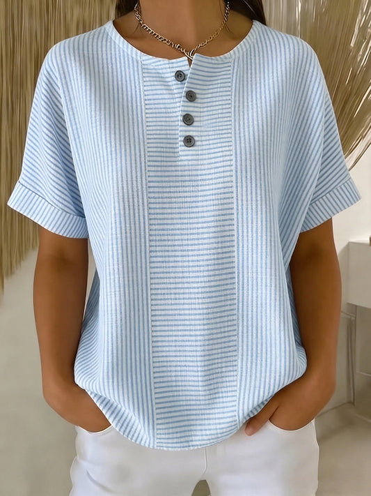 Artistic Cut Striped Cotton-Linen Shirt Blouse