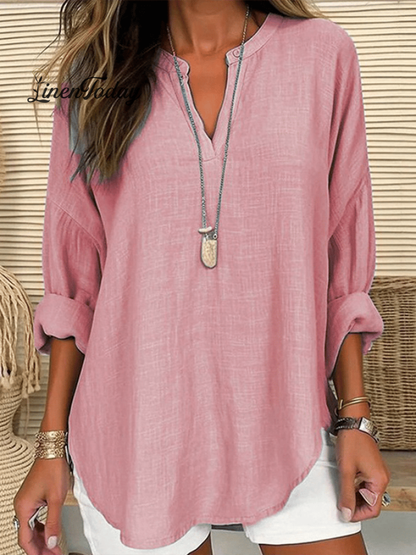 Cotton Long-Sleeve Round Neck Solid Color Loose Beach Shirt