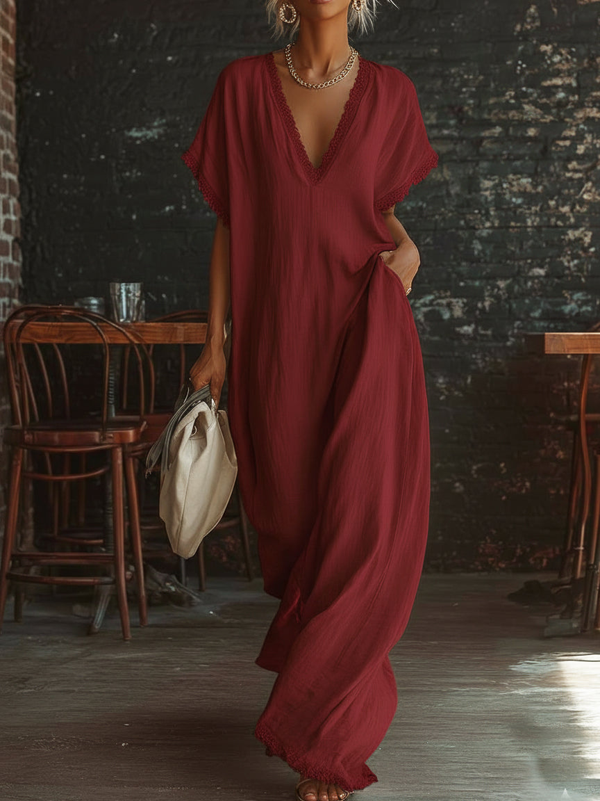 Elegant Cozy Lace-Trimmed Loose Linen-Cotton Maxi Dress
