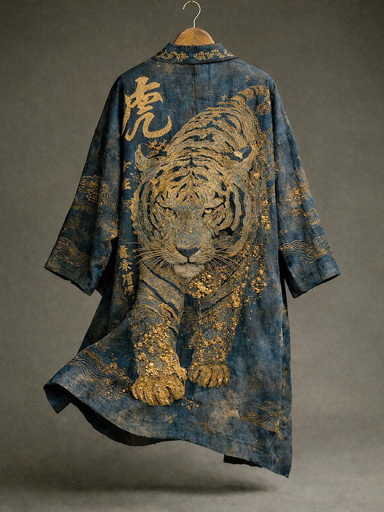 Retro Japanese Calligraphy Tiger Art Pattern Casual Linen Blend Kimono
