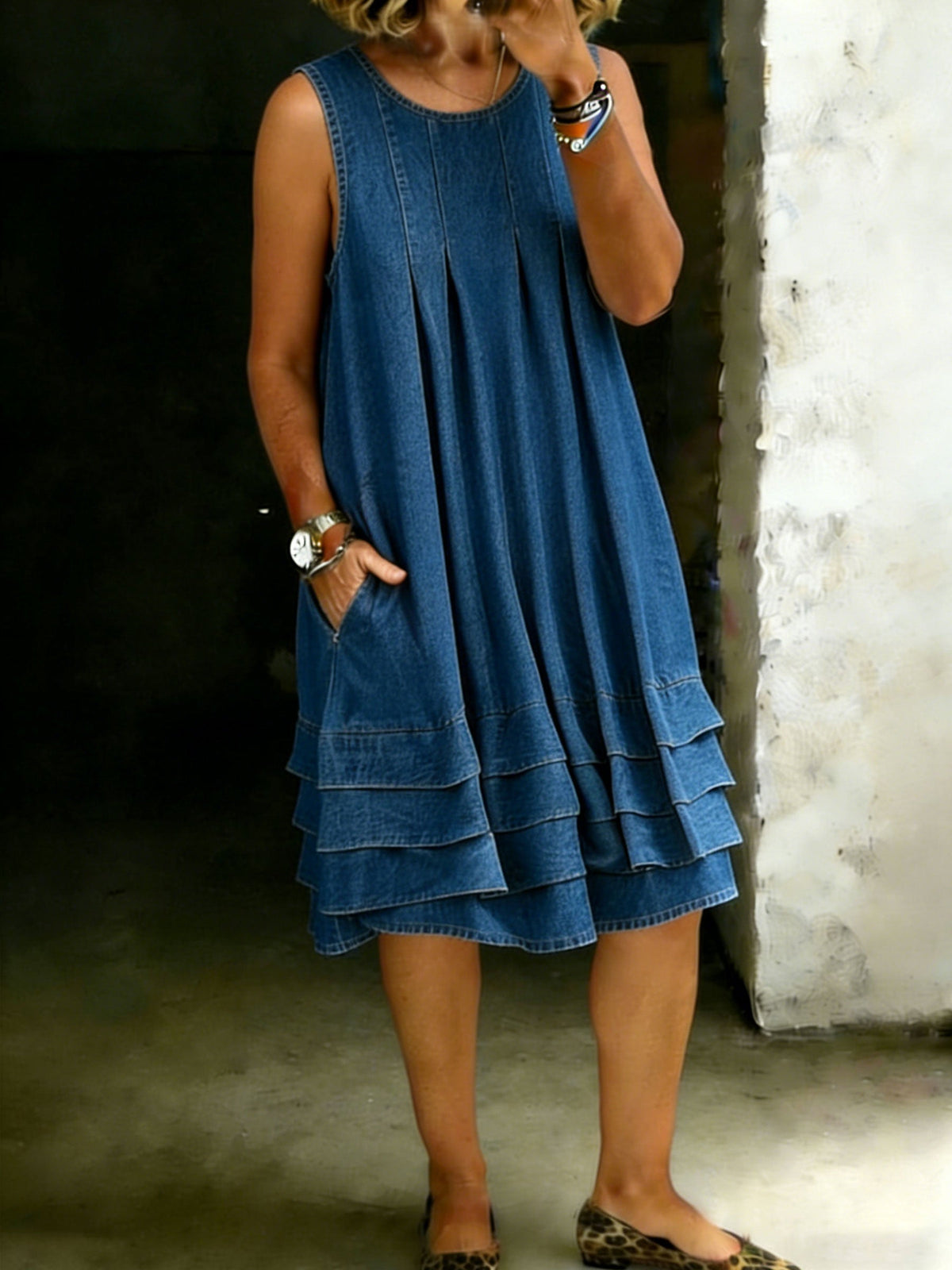 Solid Color Loose Denim Pocket Dress