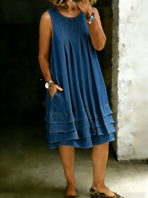 Solid Color Loose Denim Pocket Dress