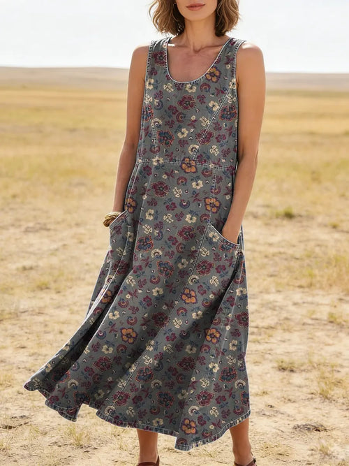 Vintage Floral Pattern Art Print Casual Cotton Denim Dress