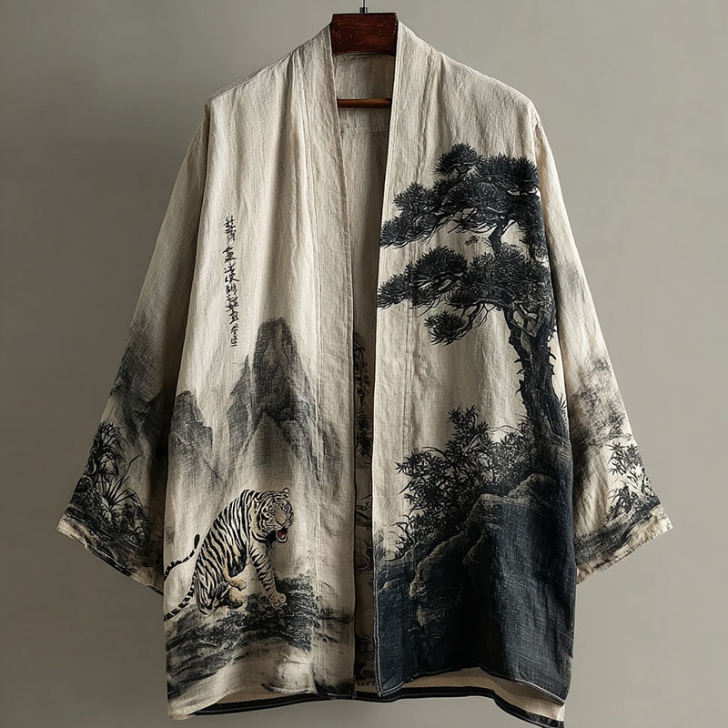 Retro Landscape Art and Tiger Pattern Casual Kimono Cardigan