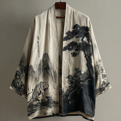 Retro Landscape Art and Tiger Pattern Casual Kimono Cardigan