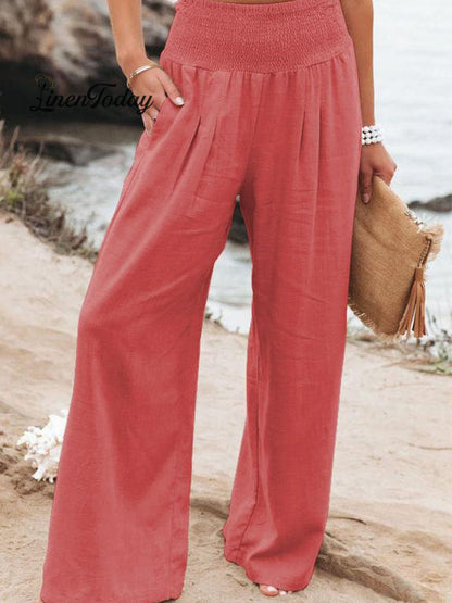 Cotton and Linen Waist-Waisted Wide-Leg Pants