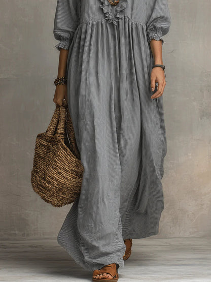 Striped Art Print Casual Stylish Ruffled Vacation Maxi Dress