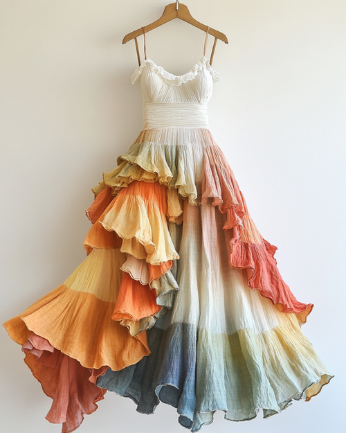 Rainbow Gradient Pleated Linen Slip Dress 89ea