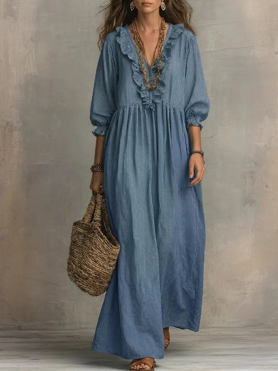Striped Art Print Casual Stylish Ruffled Vacation Maxi Dress