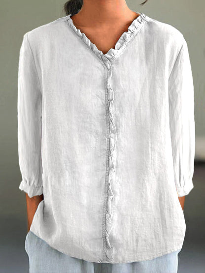 Casual Cotton and Linen Ruffle Collar 3/4-Sleeve Shirt